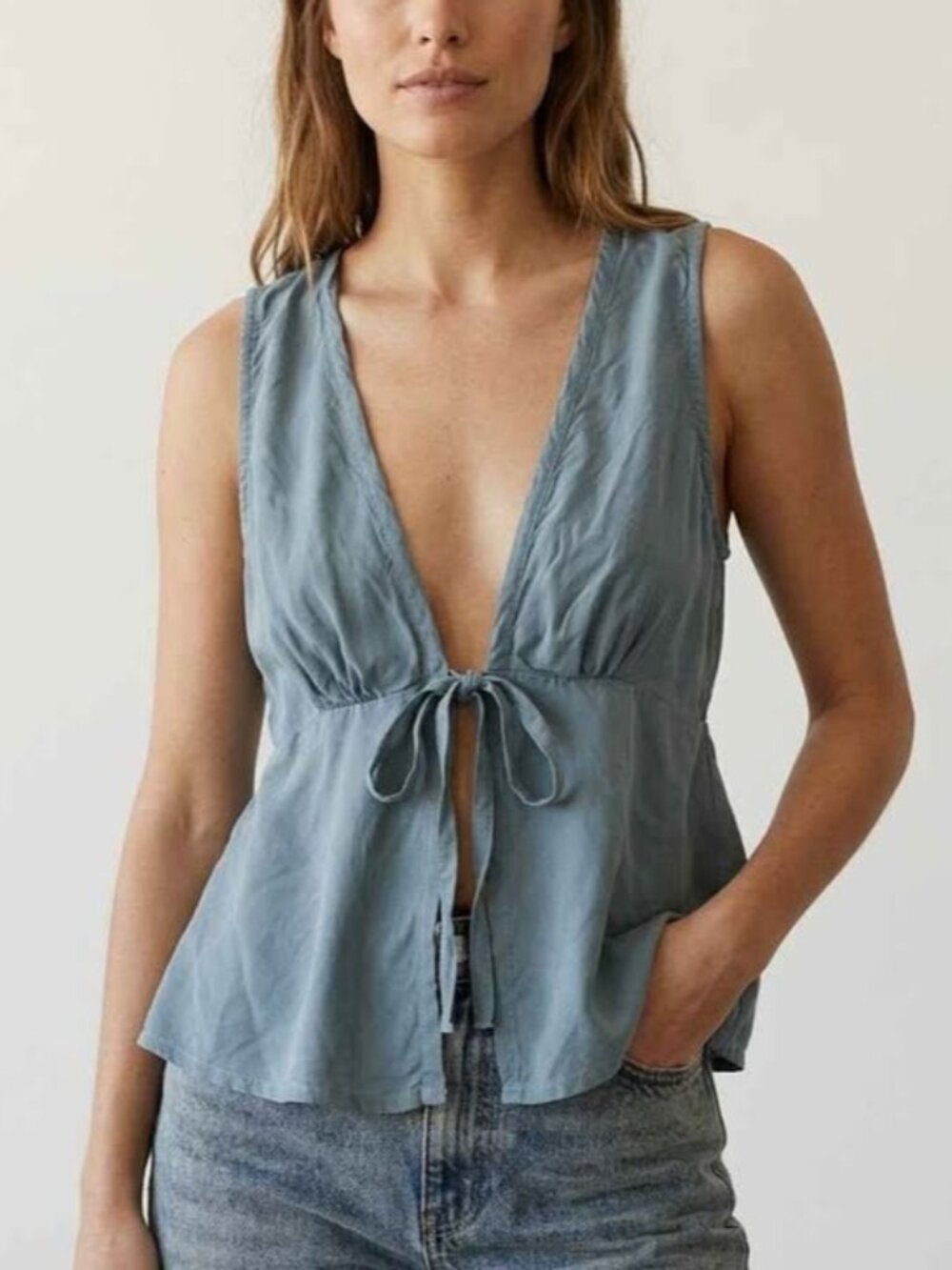 AFENDS Dusty Blue Cupro Viscose Tie-Front Sleeveless Top Size XS
